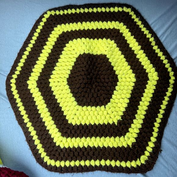 3 Handmade Brown Yellow Blue Multi-Color Crochet Hexagon Afghan Area Chair Rugs - Picture 4 of 8